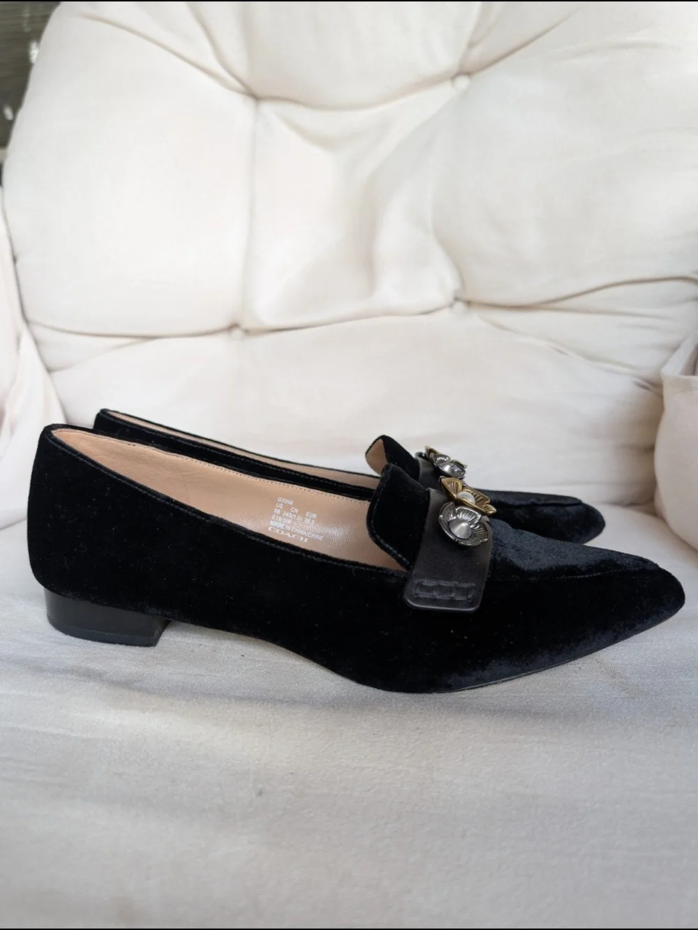 Coach Black Velvet Pointed Loafers with Floral Metal Embellishment Women's 8
